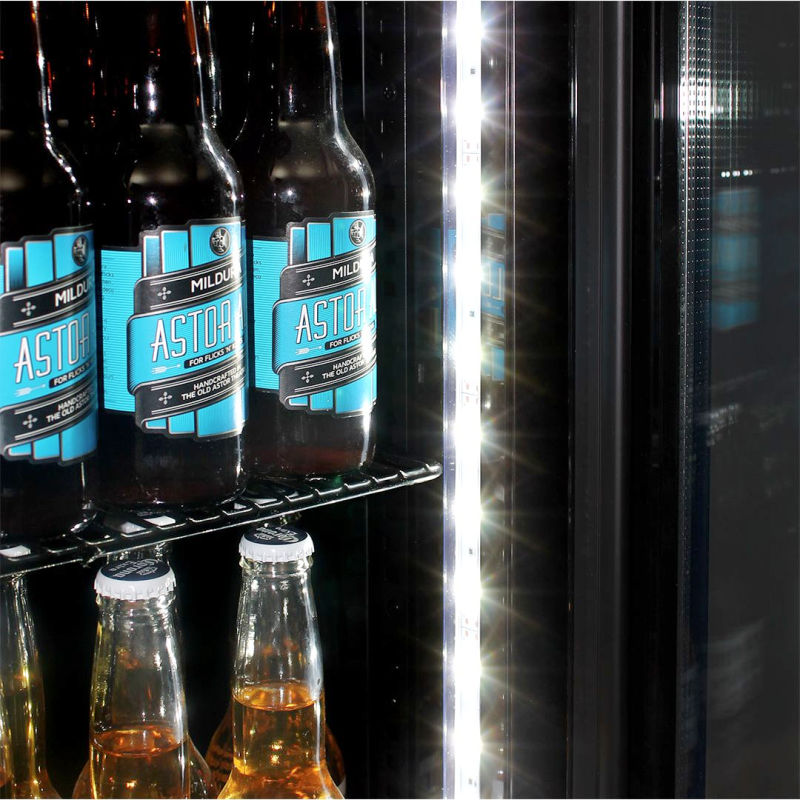 Bar Fridge | 160 Litre close up view of drinks sitting on shelf with LED lights