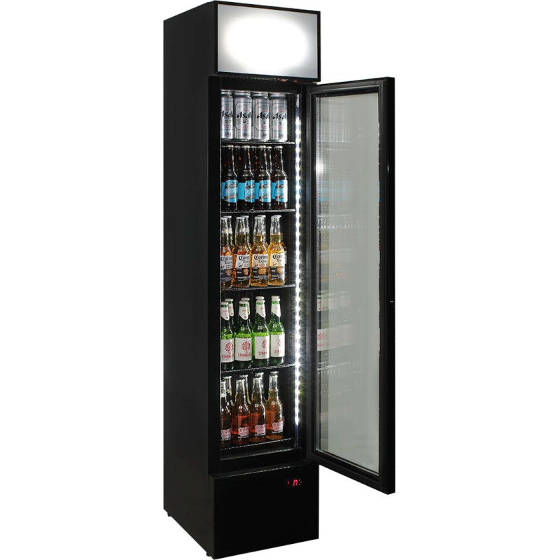 Bar Fridge | 160 Litre Upright front view with door open and full of drinks