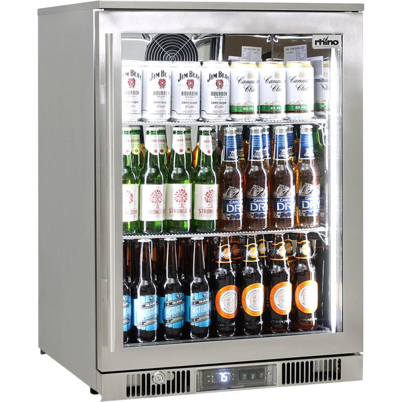 Bar Fridge | 148 Litre Alfresco | Single Door front view with glass door closed and full of drinks