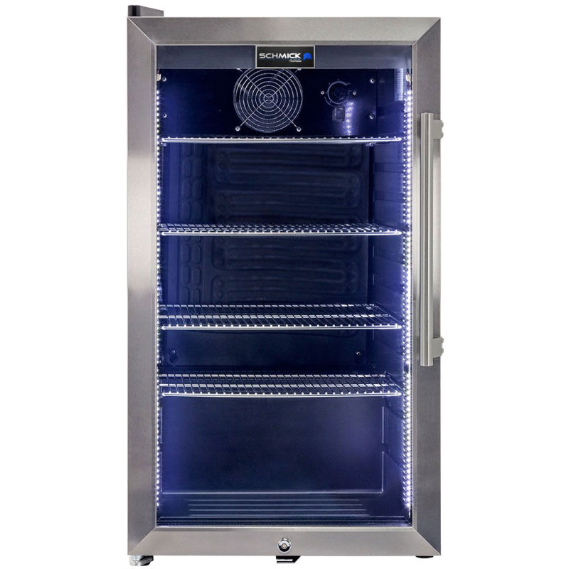 Bar Fridge | 98 Litre Alfresco front view with door closed and blue LED lights